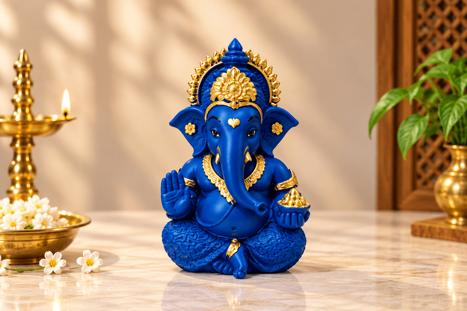Blue Gold Ganesha Idol – Lord Ganesh Murti for Home & Puja