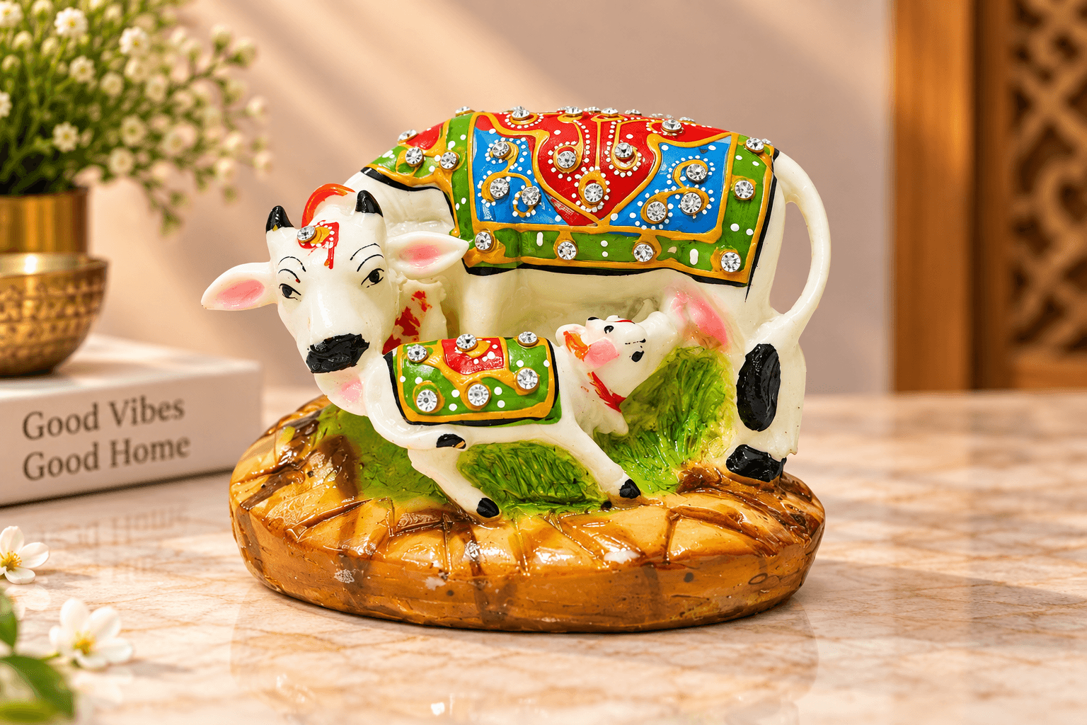 Kamdhenu Cow & Calf Idol – Polyresin Gau Mata Murti