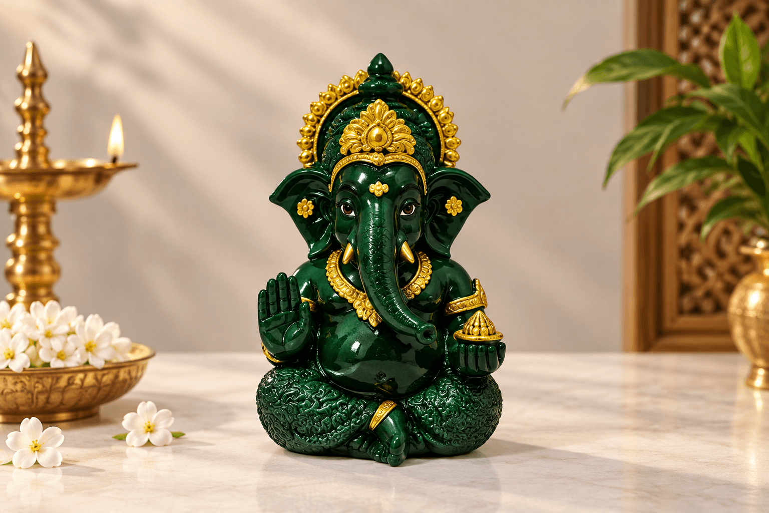 Green Gold Ganesha Idol – Lord Ganesh Murti for Home & Puja