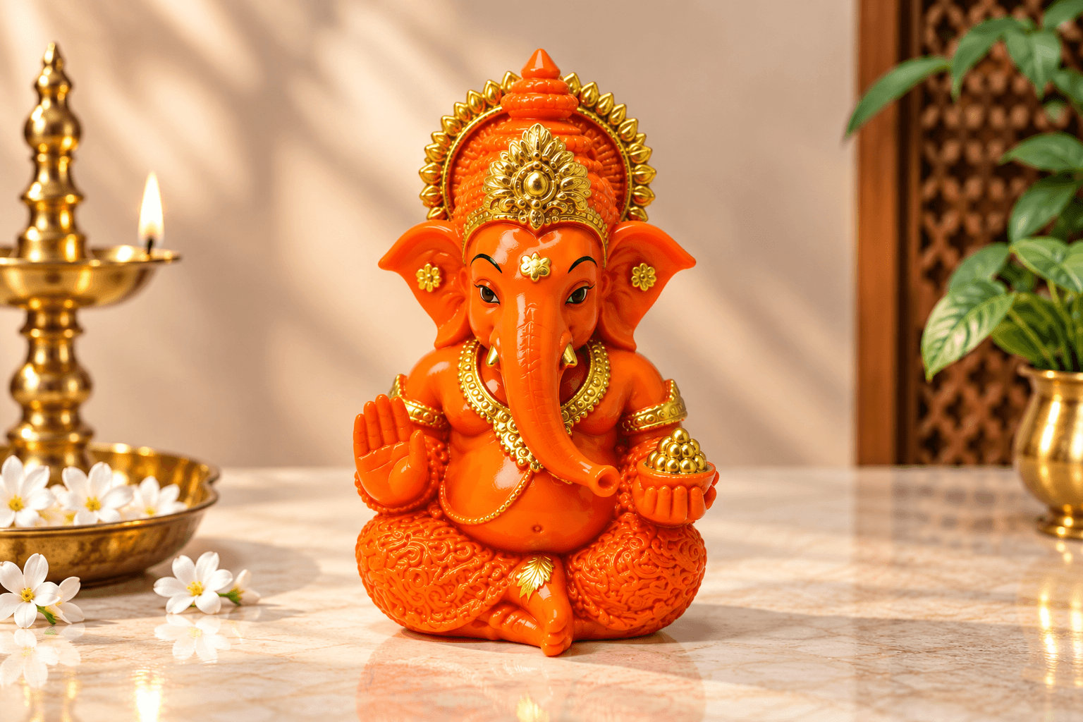 Orange Gold Ganesha Idol – Lord Ganesh Murti for Home & Puja - Image 2