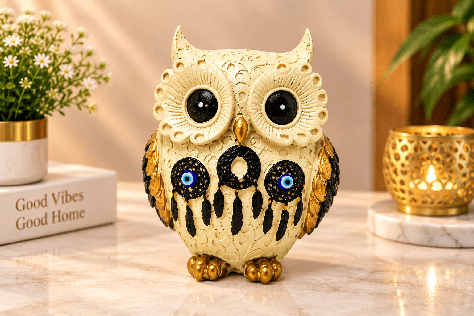 Decorative Owl Figurine with Dreamcatcher & Evil Eye - Image 2
