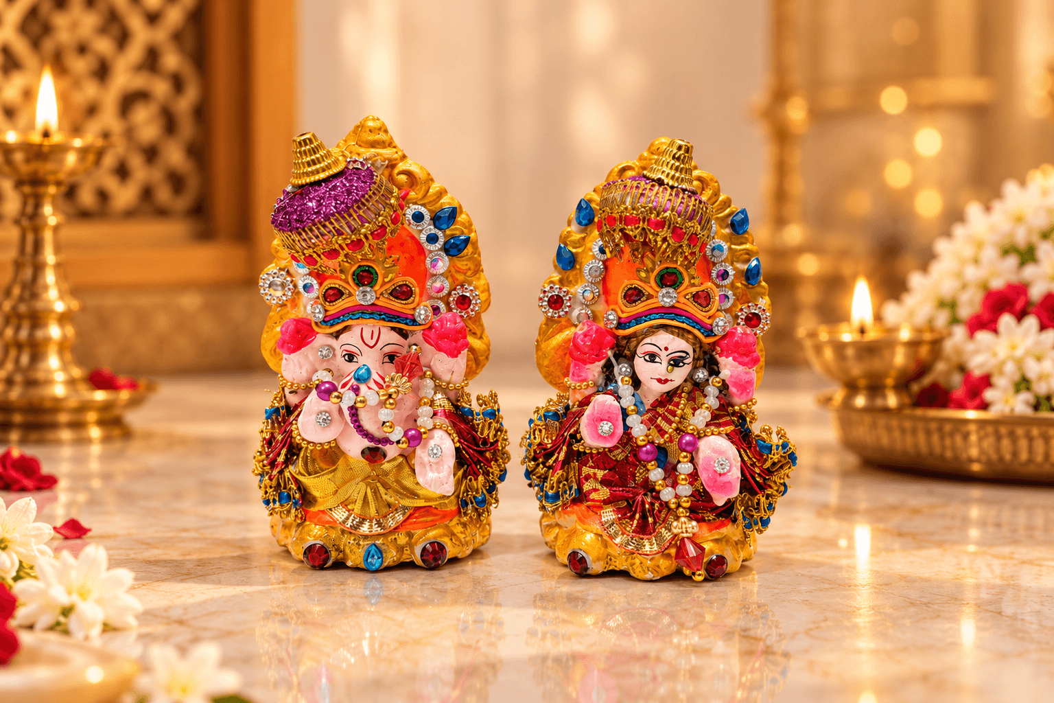 Colorful Lakshmi Ganesha Idol Set – Clay