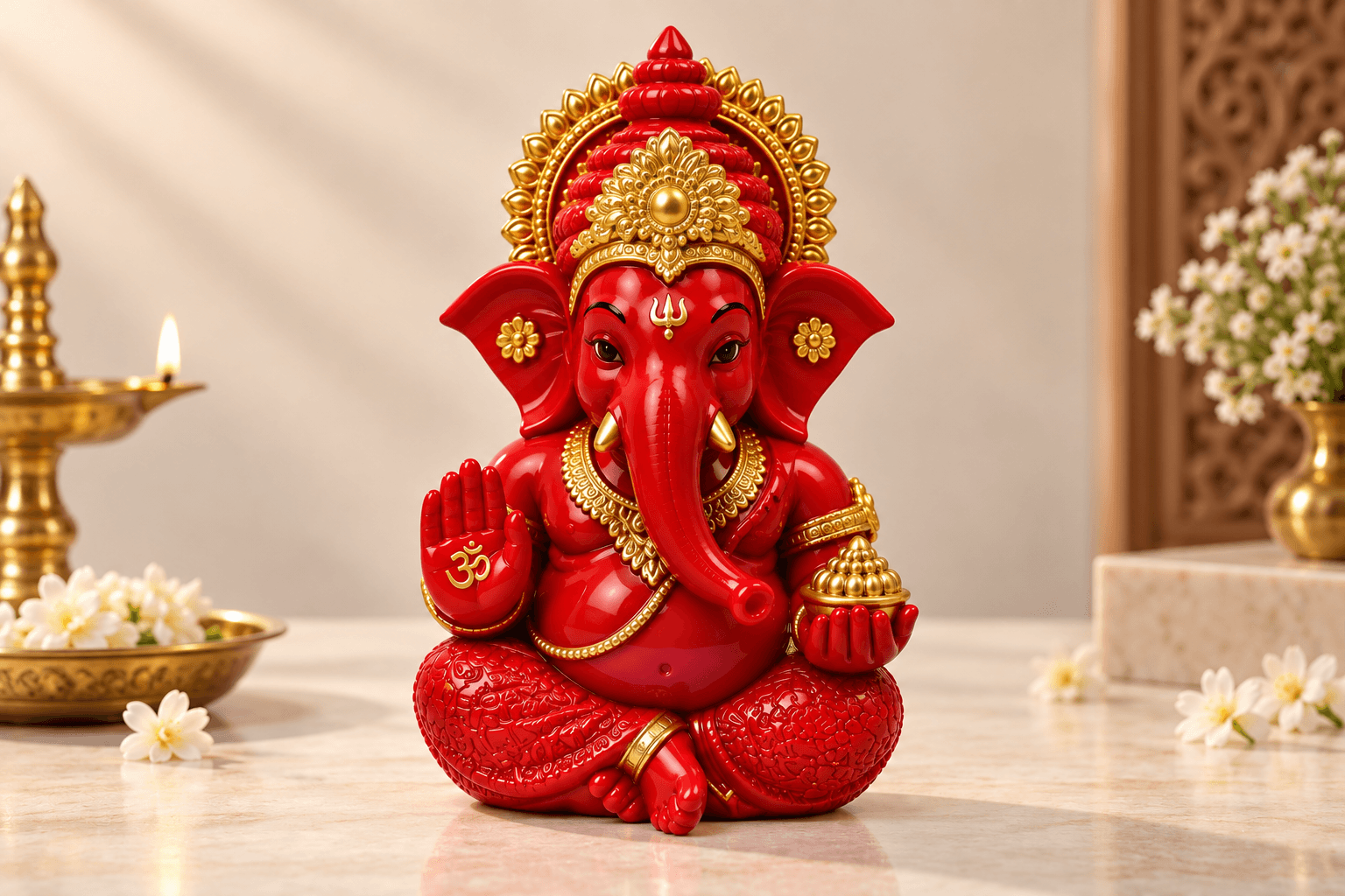 Red Gold Ganesha Idol – Lord Ganesh Murti for Home & Puja - Image 2